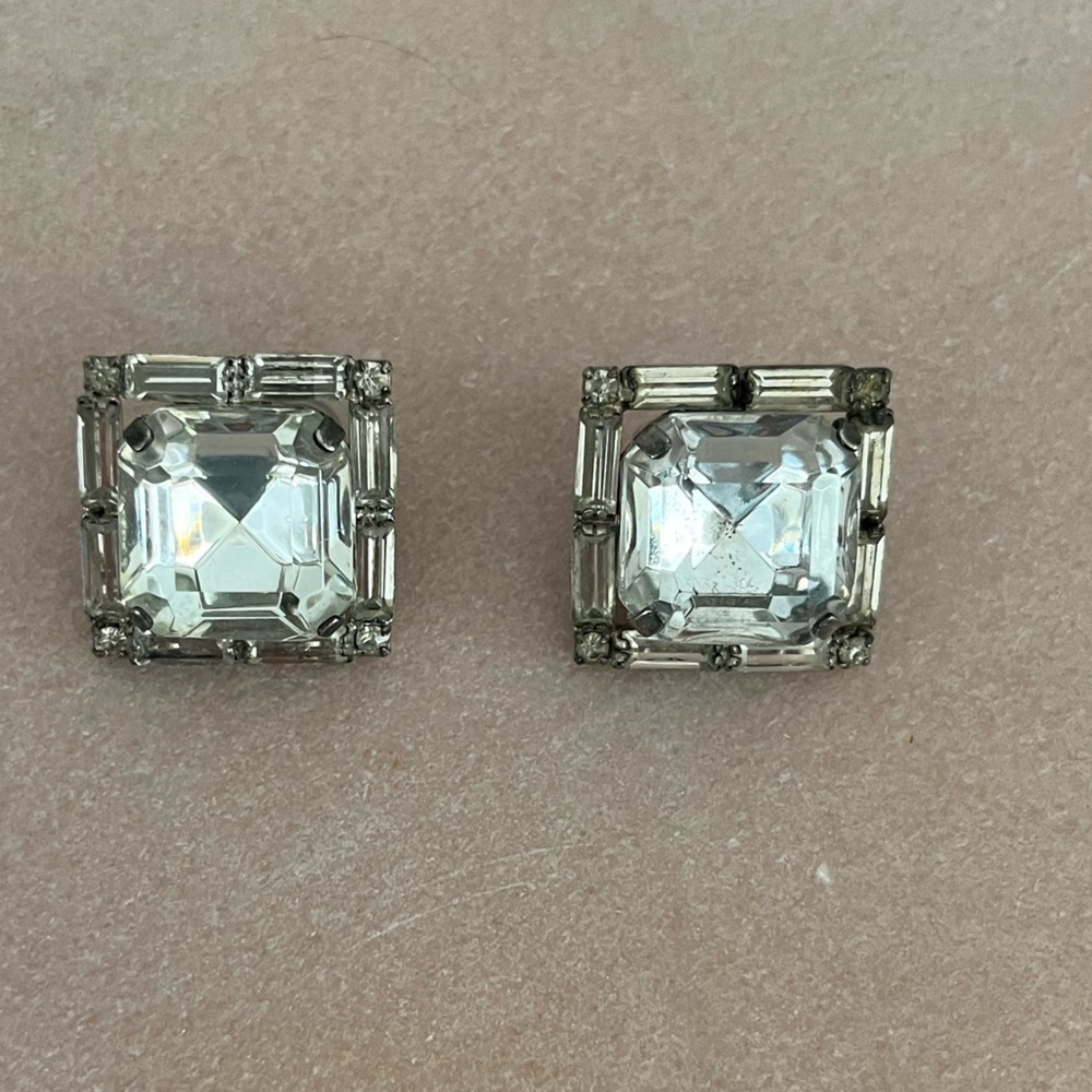 Vintage Clear Crystal or Glass Rhinestone Square Pierced Earrings